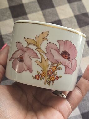 Vintage Floral Porcelain Cup with Pink Blooms and Gold Trim